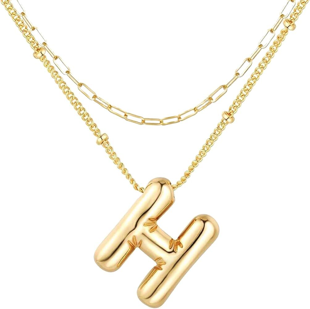 Bubble Letter Necklace Layered Necklaces for Women 14k Gold Plated Dainty Alphabet Balloon Initia... | Amazon (US)