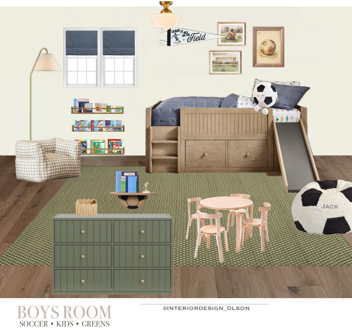 Boys Room Design | Soccer-Inspired & Kid-Friendly ⚽🟢
Designing a small boys’ room that’s both fun and functional? This cozy, neutral space brings in playful details and layered textures perfect for kids who love soccer and adventure.

From the slide bed to the gingham chair, everything is styled to grow with your child—while staying organized and stylish.

🛏️ Loft bed with built-in storage & slide
⚽ Personalized soccer beanbag
📚 Wall-mounted book ledges
🟢 Sage green dresser
🌾 Neutral tones with warm wood finishes

All items linked in my LTK—tap to shop the full look!

#BoysRoomDecor #SoccerRoom #KidsRoomInspo #NeutralKidsRoom #SharedKidsRoom #BoysRoomIdeas #LTKkids #LTKhome #LTKunder100 #LTKbaby #InteriorDesignOlson #GreenDresser #KidsPlayroomDesign #KidsRoomGoals