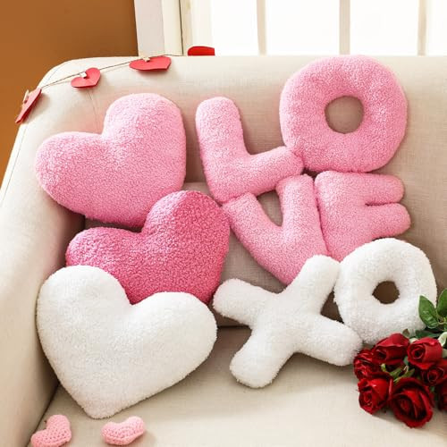 Beeveer 5 Pcs Valentine‘s Day Pillow Heart Shaped Red and Pink Soft Throw Pillow Plush Heart Cushion for Girls Friends Gift Sofa Living Dining Room Decoration(Pink) | Amazon (US)
