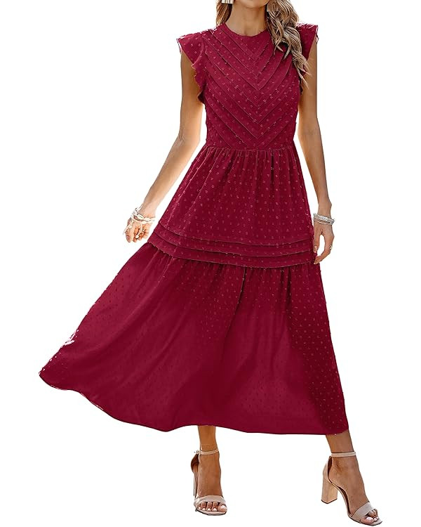 Angashion Women's Summer Maxi Dress Casual Crewneck Cap Sleeve Swiss Dot Tierd Pleated Solid Long... | Amazon (US)