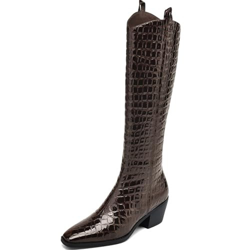 AIUNIIND Riding Boots for Women Knee High Boots Chunky Crocodile Boots Low Heel Tall Boots Sexy Fall Boots Pointed Toe Brown 11 | Amazon (US)