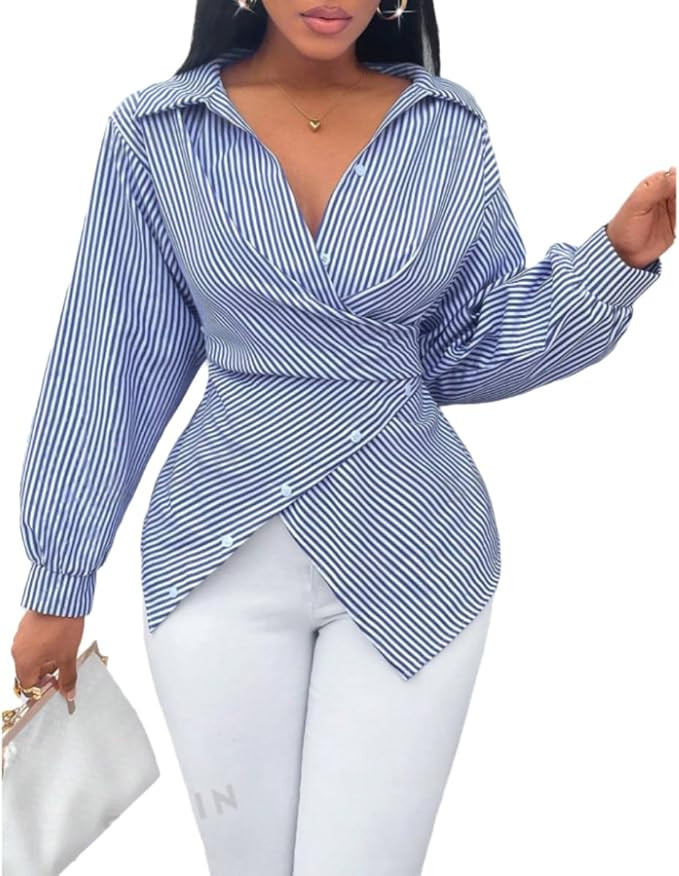Chvity Stripes Cross V Neck Wrap Blouse for Women Fashion Sexy Slim Fit Long Sleeve Buttons Shirt... | Amazon (US)