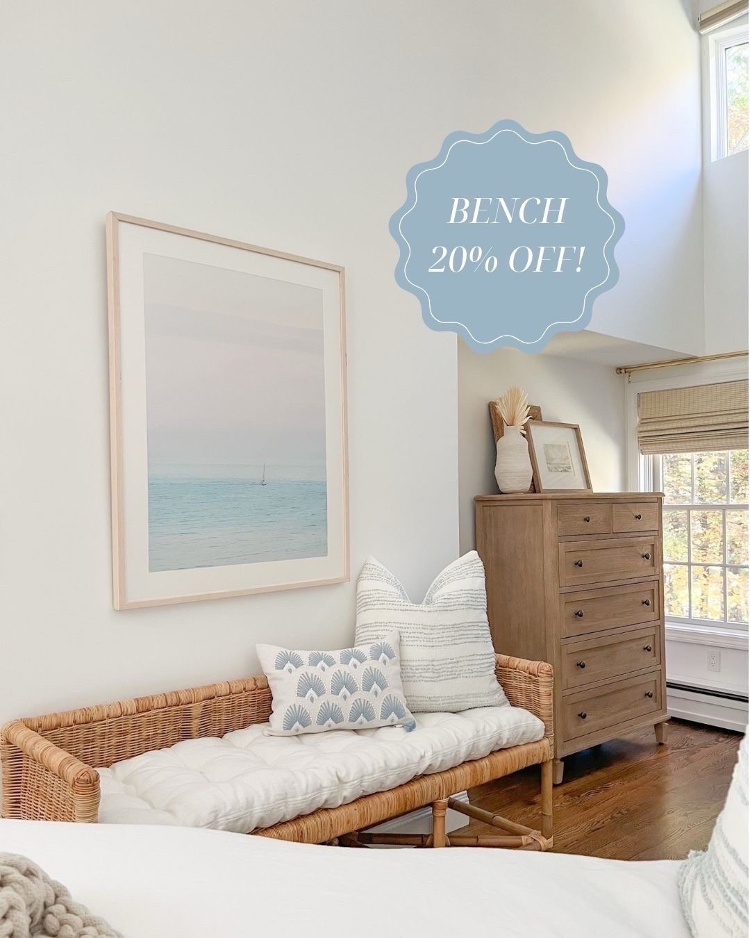 My bedroom bench is 20% off through Wed 1/21! It’s a sizable, sturdy piece of furniture and I am very happy with the quality of it! 
- 
coastal home decor, coastal bedroom decor, coastal bedroom furniture, serena and lily bench, rattan bench, woven bench, bedroom bench, entryway bench, entryway furniture, foyer bench, coastal dresser, tall dresser, natural wood dresser, white duvet cover, serena & lily pillow covers, white & blue pillow covers, coastal bedding, white bedding, white vase, chunky throw blanket, woven shades, woven blinds, coastal window coverings, beach house bedroom, beach house decor, beach house furniture, bedroom ideas, neutral bedroom decor, shore bench 


#LTKFindsUnder100 #LTKHome #LTKSaleAlert