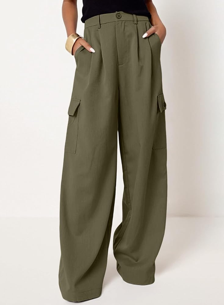 Dokotoo Womens High Waisted Wide Leg Cargo Pants Baggy Casual Work Pants with 4 Pockets | Amazon (US)