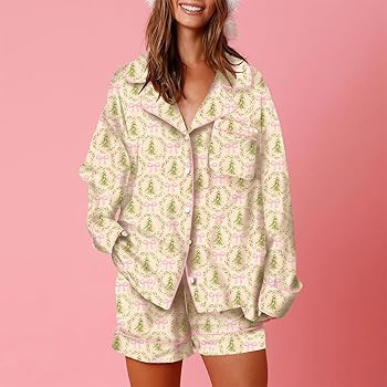 Aonoapll Women Christmas Pajamas Shorts Set Cute Patterned Long Sleeve Shirts and Shorts 2 Piece ... | Amazon (US)