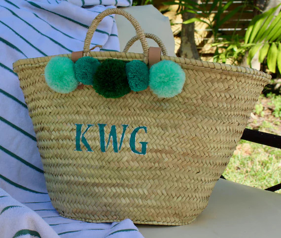 monogrammed bag with pompoms, pompom straw bag, personalized straw bag, customized beach bag, market | Etsy (US)