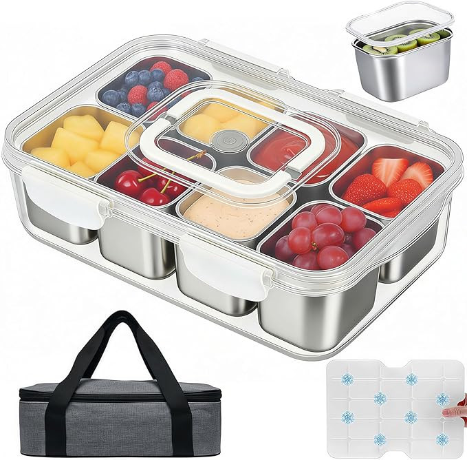 Snackle Box Container with Ice Pack, 304 Stainless Steel Divided Serving Tray, Snacklebox with In... | Amazon (US)