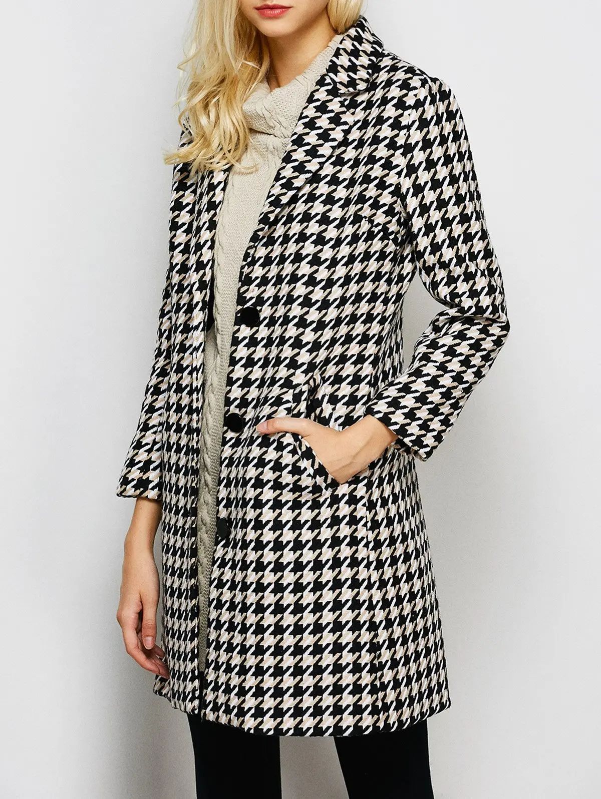 Lapel Single Breasted Houndstooth Coat | Rosegal US