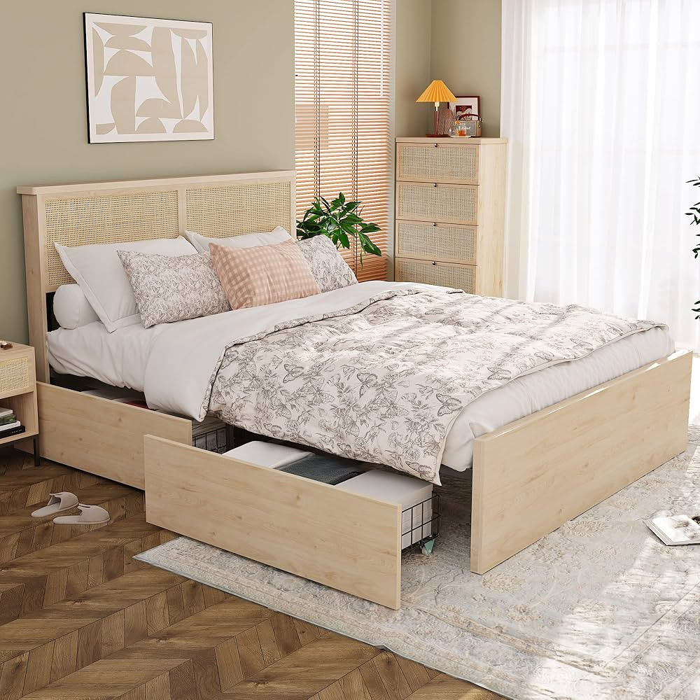 Yechen Queen Bed Frame with Natural Rattan Headboard and Wooden 4 Storage Drawers, Metal Platform... | Amazon (US)