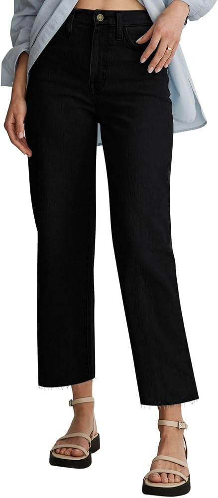 Straight Leg Jeans for Women Cropped High Waisted Stretchy Frayed Hem Raw Jean Loose Wide Leg Bag... | Amazon (US)