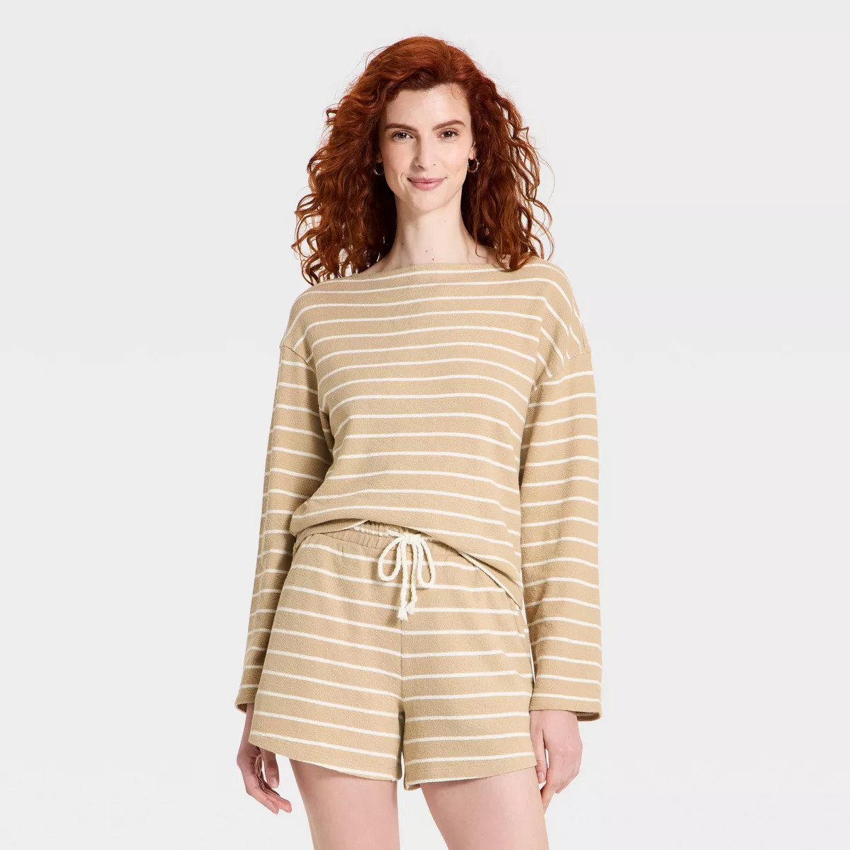 Women's Long Sleeve Boat Neck T-Shirt - Universal Thread™ Tan Striped M | Target