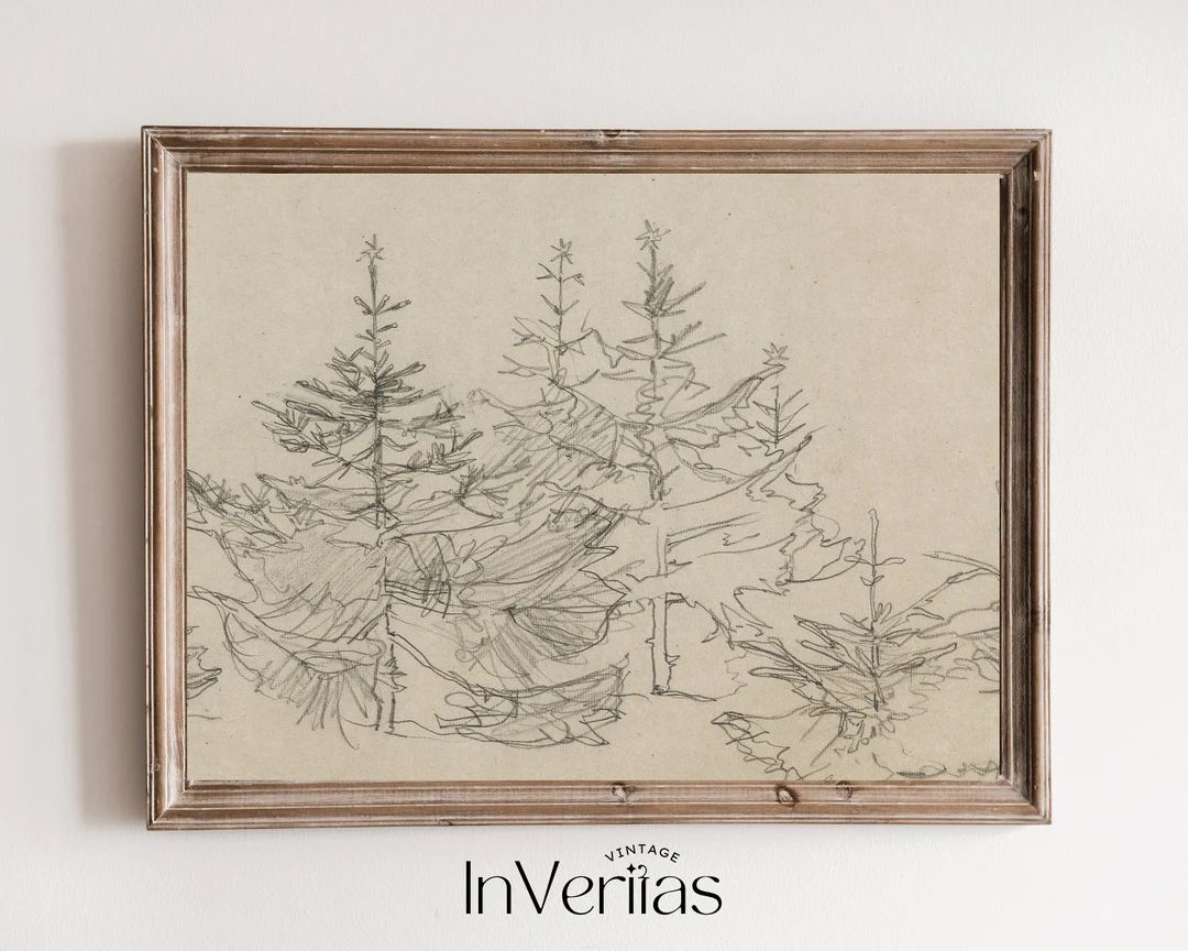 Christmas Trees Simple Vintage Sketch Neutral Country - Etsy | Etsy (US)