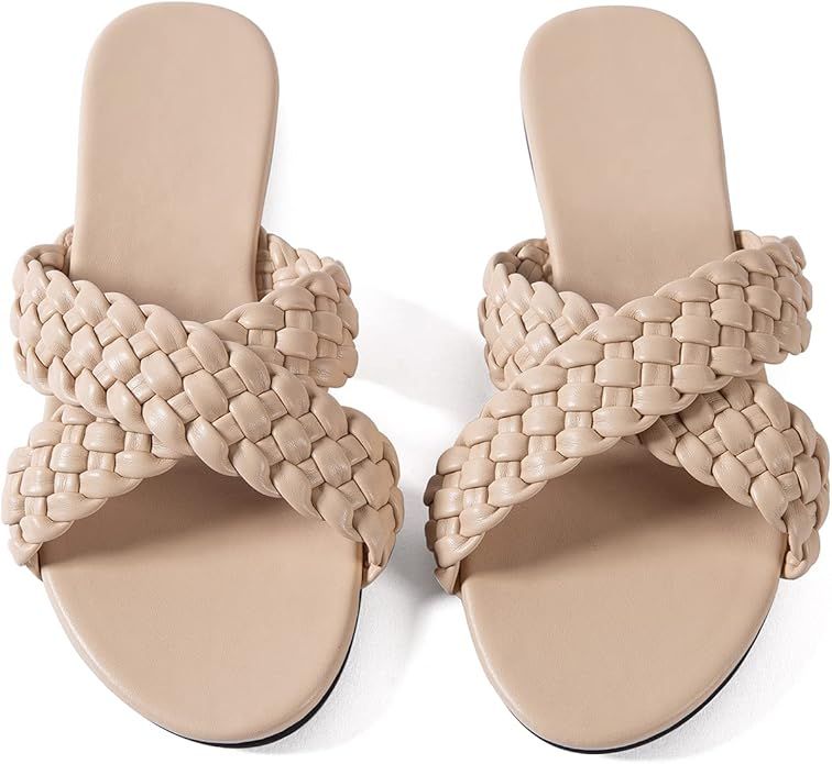 Women Flat Sadals Woven Leather Crossover Braided Fashion Sandals Flat Dressy Flip-Flops | Amazon (US)