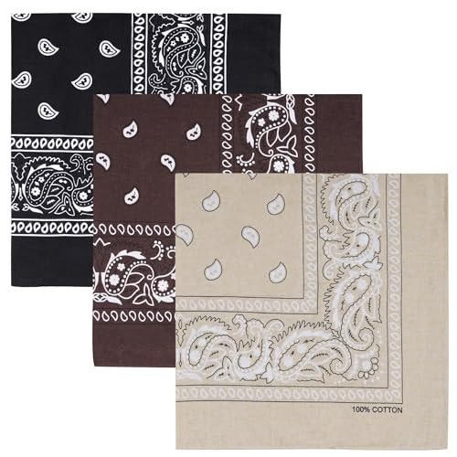 Raylarnia 100% Cotton Large Bandanas for Men and Women, 22 Inch Paisley Bandana with Multiple Colors (Black/Khaki/Brown) | Amazon (US)