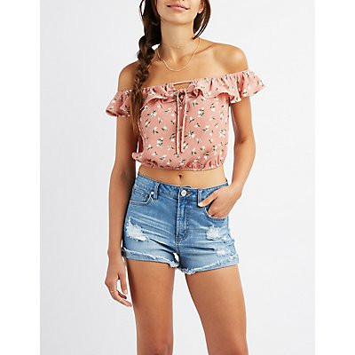 Floral Lace-Up Off-The-Shoulder Crop Top | Charlotte Russe