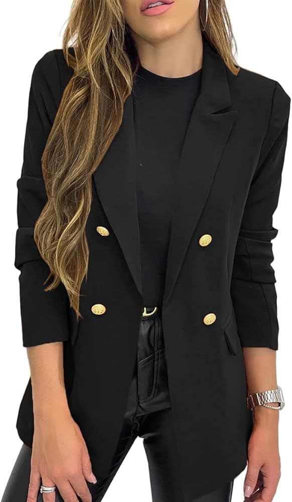 Hdieso Womens Solid Color Casual Long Sleeve Lapel Button Blazer Jacket | Amazon (US)