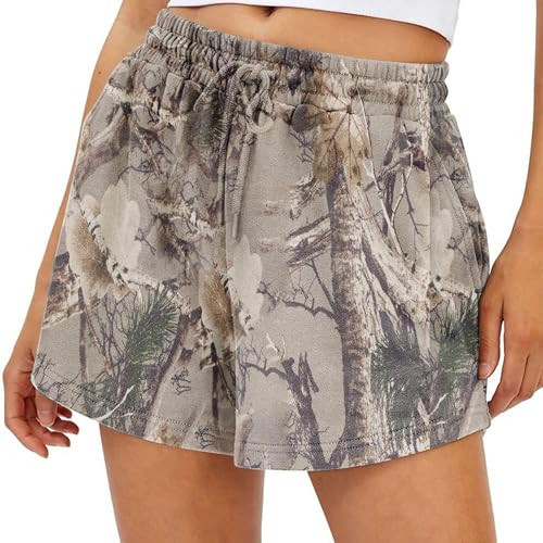 HOCANDY Womens Camo Sweat Shorts Maple Leaf Print Drawstring Elastic High Waist Lounge Camouflage Workout Shorts with Pockets | Amazon (US)