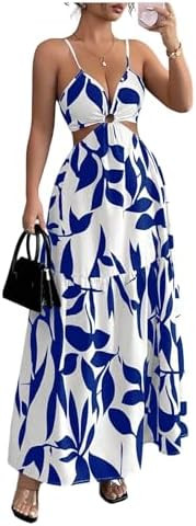 Floerns Women's Cut Out Tie Back Boho Maxi Dress Spaghetti Strap Beach Vacation Tiered Long Dress... | Amazon (US)