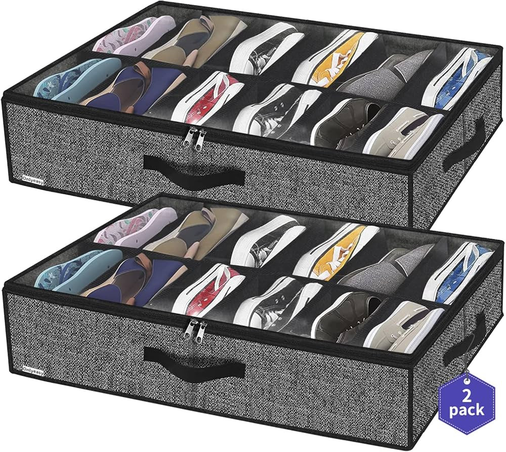 Onlyeasy Sturdy Under Bed Shoe Storage Organizer, Set of 2, Fit 12 to 24 Pairs, Underbed Shoes Closet Storage Solution with Clear Window, Breathable, L29.3"x W23.6"x H5.9", Linen-like Black, MXAUBSB2P | Amazon (US)