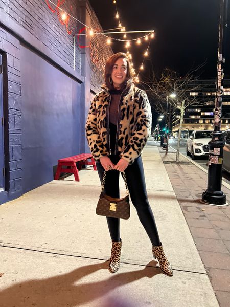 Leopard Jacket (size small). Sweater (size small). Faux leather leggings (size small). Leopard boots (size 8.5). #leggings #fauxleatherleggings #fauxleather #sweater #blackleggings #leopardjacket #jacket #leopardboots #boots Christmas Outfit Christmas Sweater 

#LTKfindsunder100 #LTKHoliday #LTKstyletip