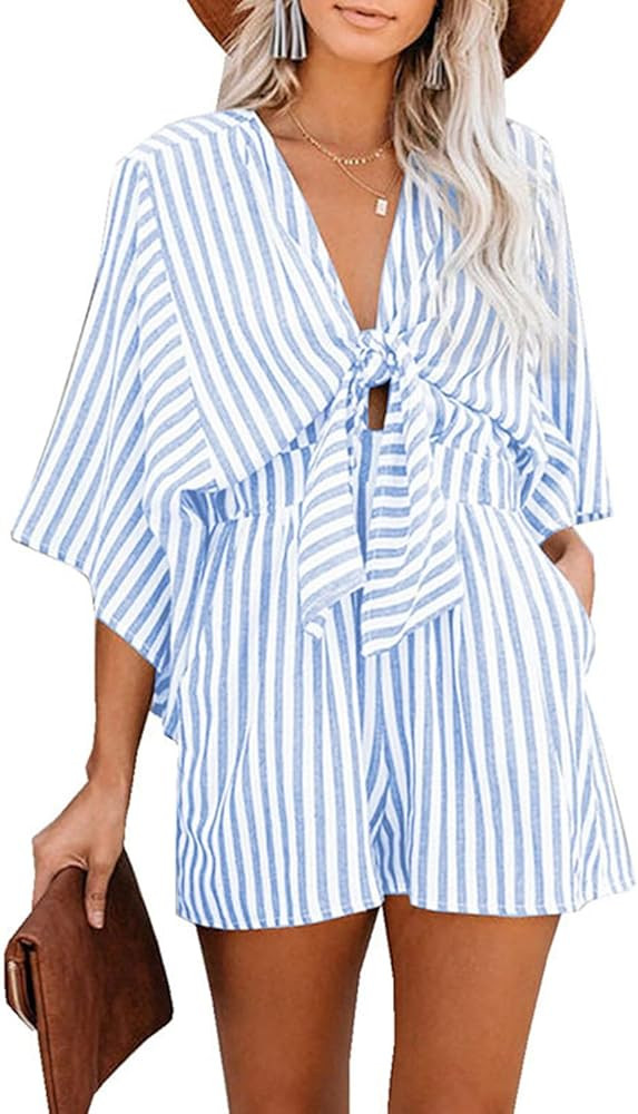 utcoco Womens Casual Shorts Rompers Half Sleeve Tie Waist Striped Jumpsuits for Women | Amazon (US)