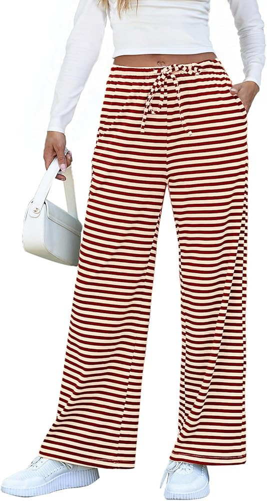 EVALESS Wide Leg Pants for Women Drawstring Elastic Waist Stripe Ribbed Sweatpants with Pockets | Amazon (US)