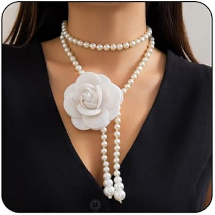 Camellia Pearl Necklace Multilayer Pearl Wrapping Choker Necklace Black White Camellia Flower Cho... | Amazon (US)