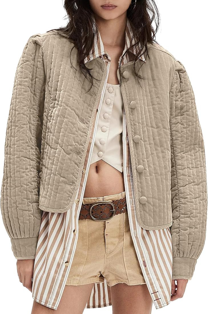 Locachy Women's Vintage Crew Neck Quilted Puffer Jacket Button Down Padded Cropped Fall Winter Ou... | Amazon (US)