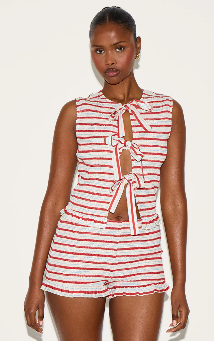 Tomato Red Stripe Tie Front Extreme Shirred Top | PrettyLittleThing US