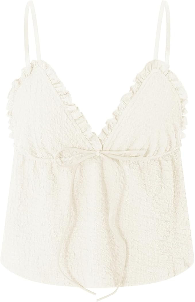 Mxiqqpltky Women Y2K Ruched Camisole Sleeveless Spaghetti Straps V Neck Cami Tops Summer Cute Bow... | Amazon (US)