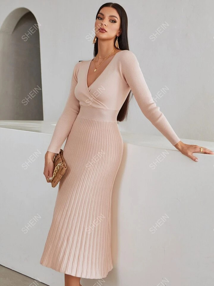 SHEIN Modely Surplice Neck Ribbed Knit Sweater Dress | SHEIN