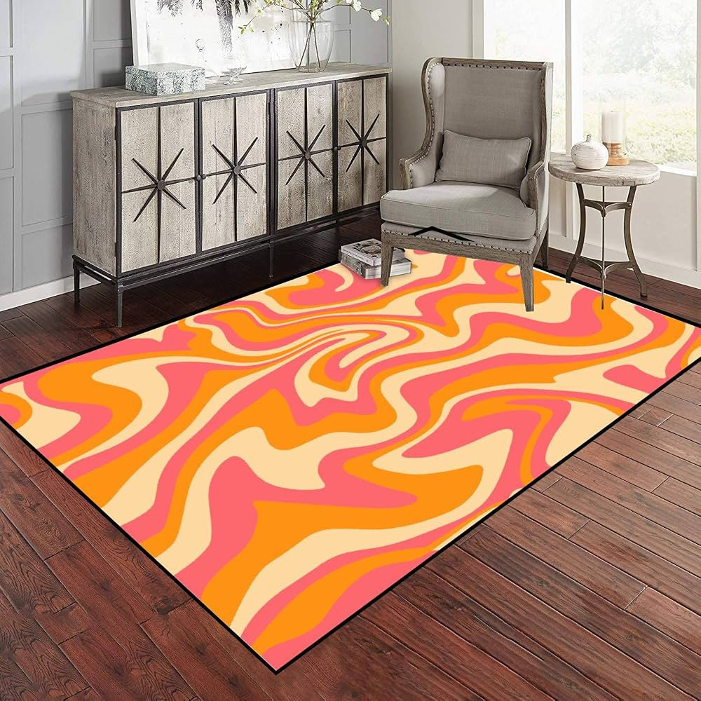 1970 Wavy Swirl Seamless Orange Pink Colors Hand Drawn Seventies Style Area Rug Outdoor Patio Rug... | Amazon (US)