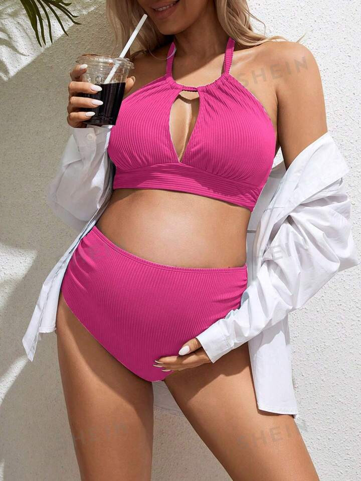 SHEIN Maternity Summer Beach Plain Pink Halterneck Cut-Out Bikini Set With Separated Swimwear | S... | SHEIN