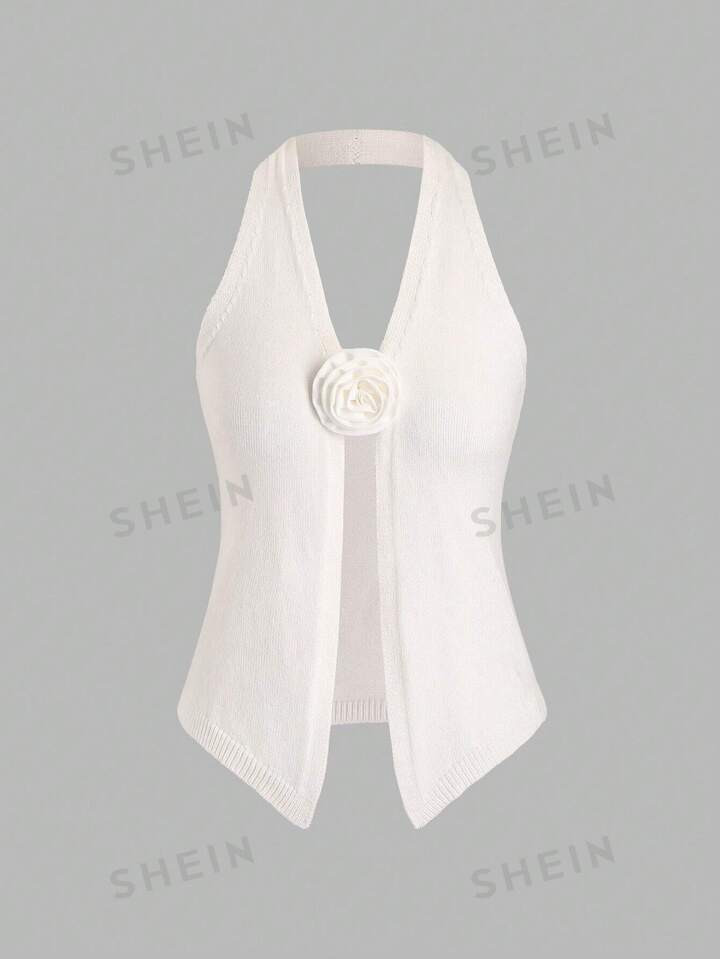 SHEIN MOD Ladies' Halter Knitted Sweater With 3d Flower Decoration | SHEIN