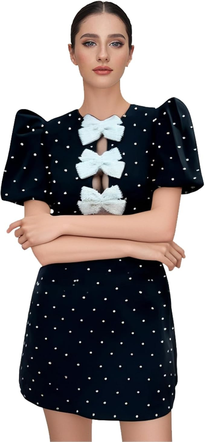 Women Hollow Out Bow Dress for O Neck Bodycon Dresses Female Party Elegant Sexy Slim Evening Mini... | Amazon (US)