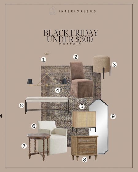 Black Friday deals under $300 furniture from Wayfare, bench, arched floor, mirror, desk, chair, upholstered, desk, chair, dining arm chair, that’s super affordable, and so cute, turn the leg, side, table, and table, Kain, accent cabinet, chandelier, ottoman, all on sale for Black Friday

#LTKCyberWeek #LTKsalealert #LTKhome