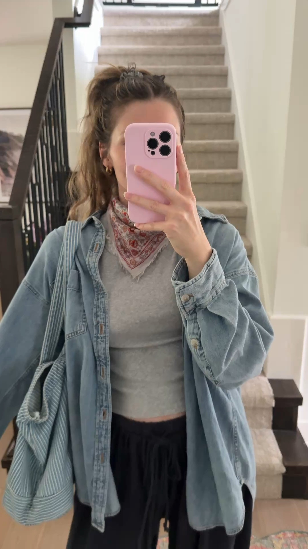 wearing a small in grey tee, such a comfy basic! small in joggers, love how these fit (also linked a similar style for less!) Sized up in button down for a more oversized fit, medium! Versatile for spring weather and a neck scarf for fun color! 