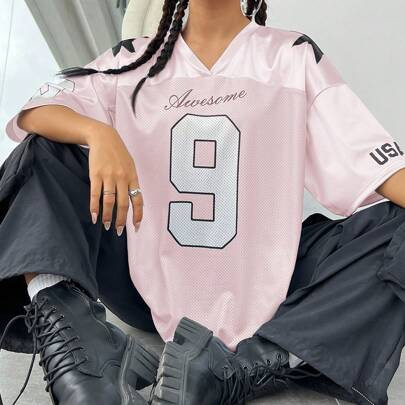 Plus Size Printed Letter & Star Pattern Satin Basketball Jersey T-Shirt, Plus Size | SHEIN