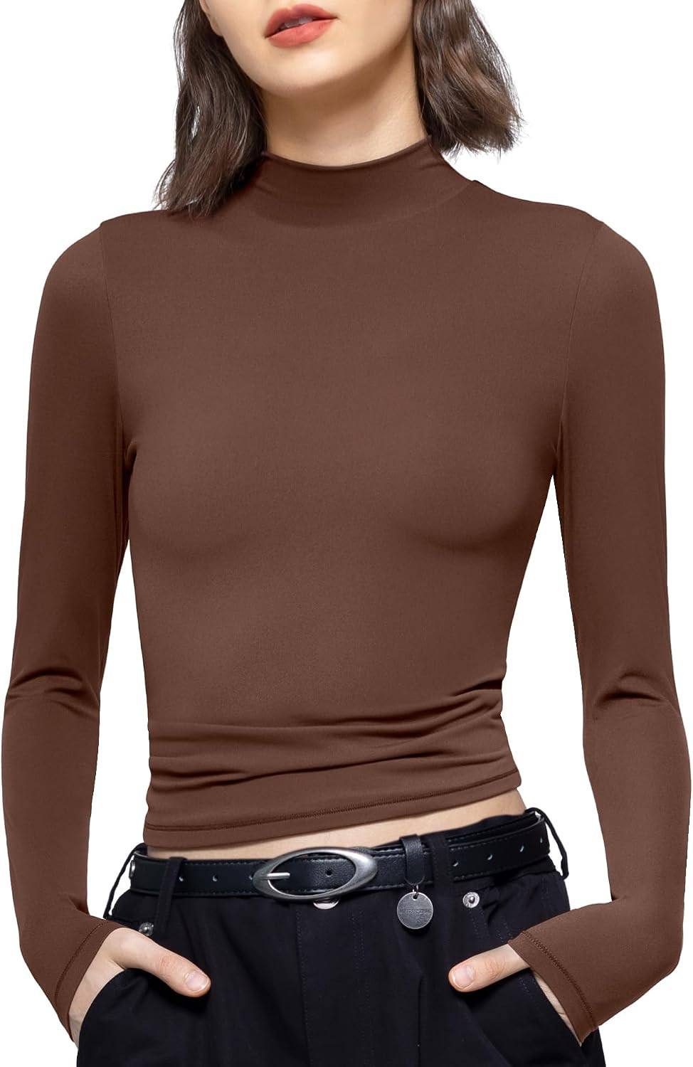 PUMIEY Women's Long Sleeve T Shirts Mock Turtleneck Slim Fit Tops Sexy Basic Tee Smoke Cloud Pro Collection | Amazon (US)