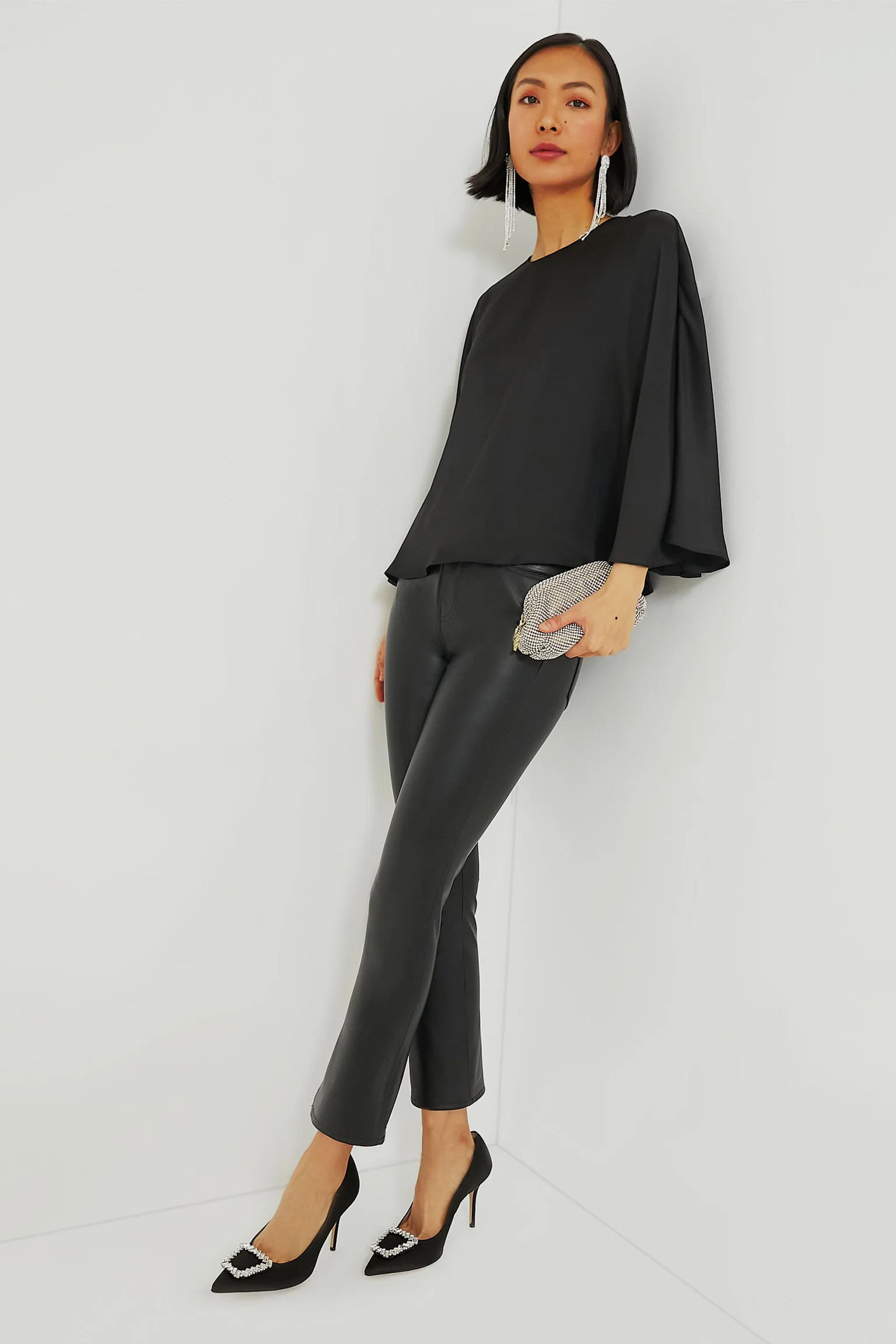Black Satin Twill Selma Cape Blouse | Tuckernuck (US)