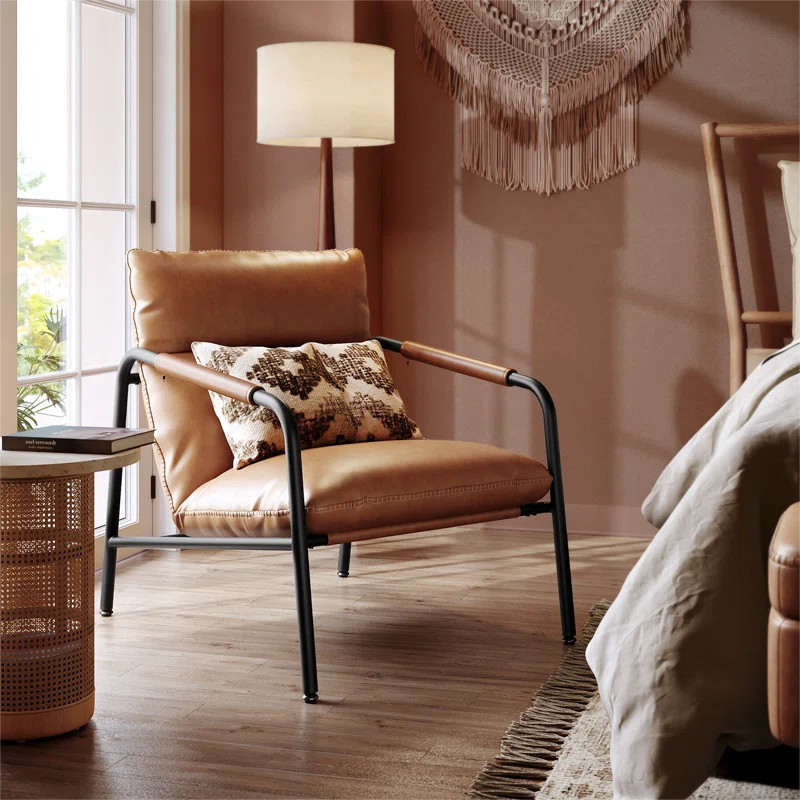 Kaylnn 29.2" Wide Leather Metal Framed Armchair With Stitching | Wayfair North America