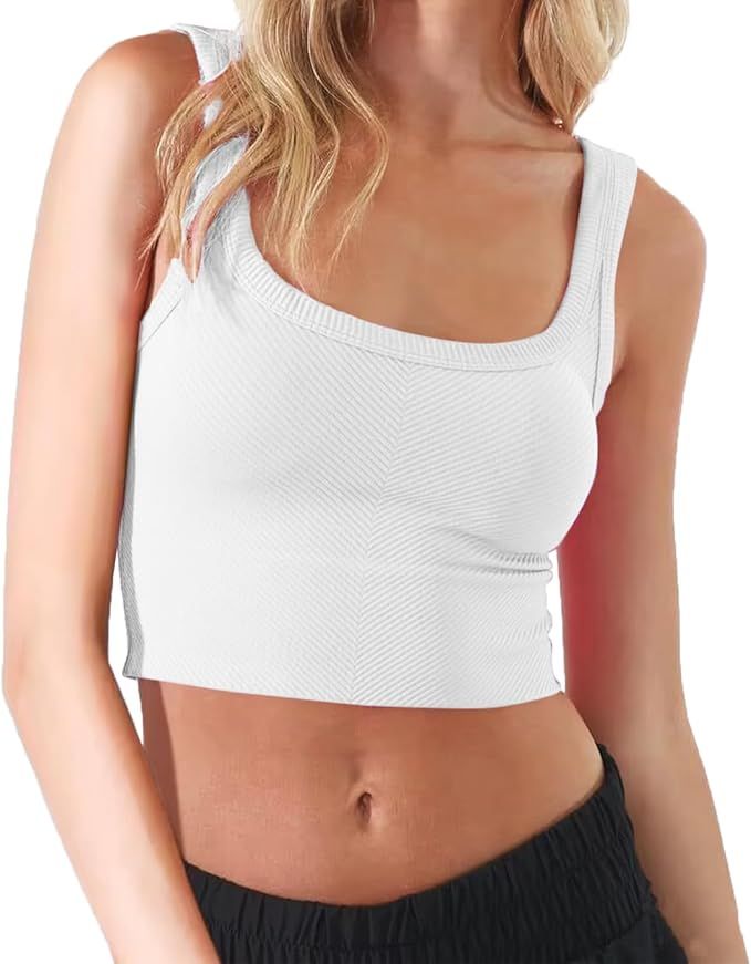 CHYRII Womens Summer Square Neck Going Out Tops Ribbed Basic Tank Crop Workout Tops | Amazon (US)