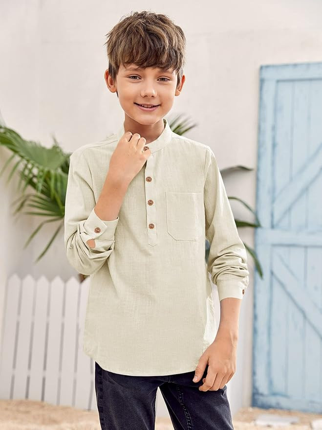 Inorin Boys Linen Shirt Button Up Henley Long Sleeve Dress Shirts Cotton Lightweight Tees Tops wi... | Amazon (US)
