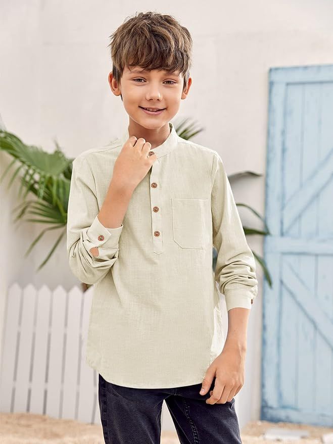 Inorin Boys Linen Shirt Button Up Henley Long Sleeve Dress Shirts Cotton Lightweight Tees Tops wi... | Amazon (US)