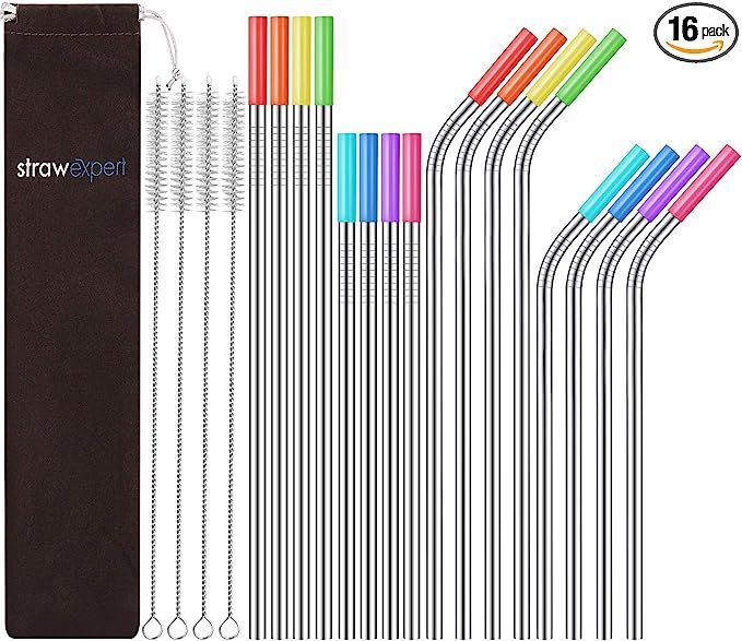 StrawExpert Set of 16 Reusable Stainless Steel Straws with Travel Case Cleaning Brush Silicone Ti... | Amazon (US)