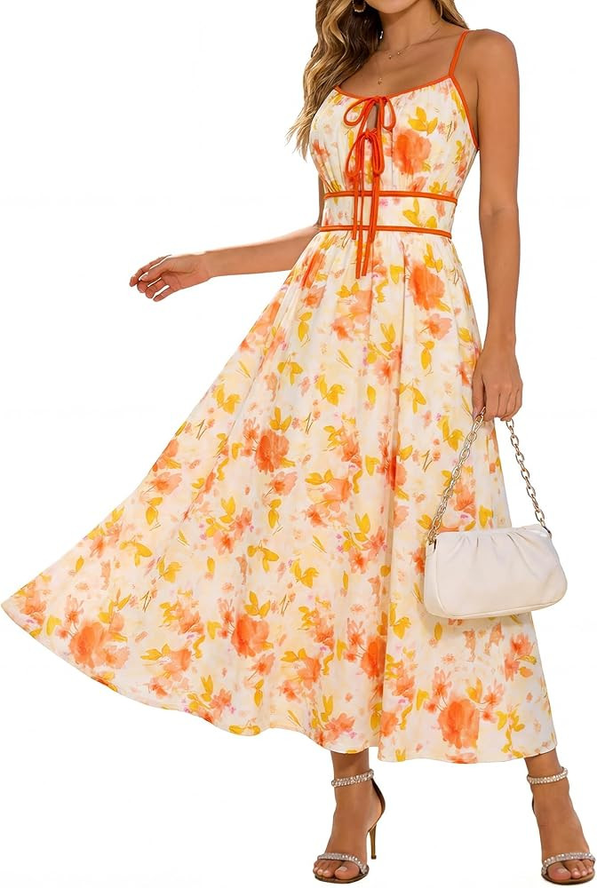 GRACE KARIN 2026 Women's Summer Maxi Dresses, Tie Front Floral Boho Dress, Spaghetti Strap Sundre... | Amazon (US)