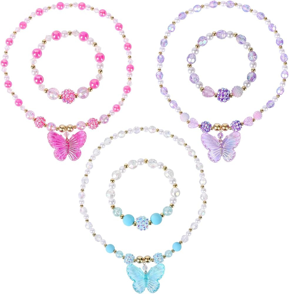 BAOBAOJOY3 Sets Princess Jewelry for Little Girls, Handmade Butterfly Kids Jewelry Set, Stretch N... | Amazon (US)