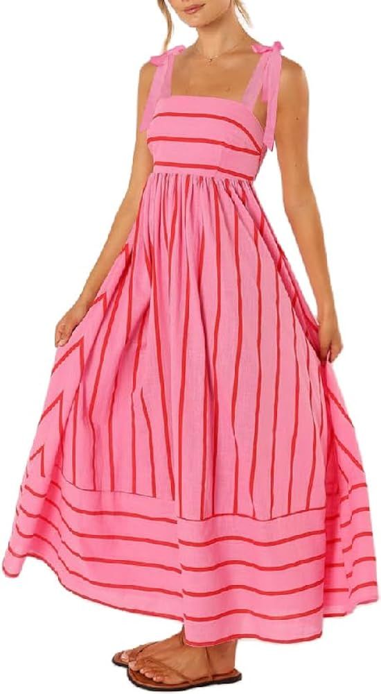 Boho Flowy Summer Dresses Sundresses for Women 2024 Floral Smocked Off Shoulder Tie Strap Tiered ... | Amazon (US)