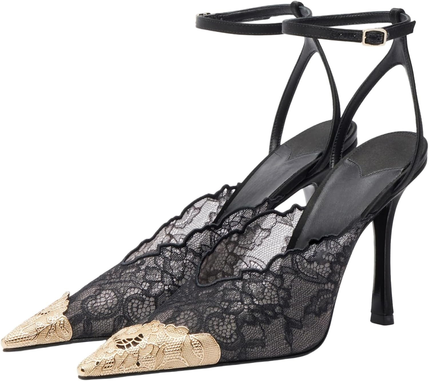 Goolita Metal Pointed Closed Toe Lace Pumps for Women, Mesh Buckle Strap Evening Pumps Sexy Stiletto High Heels Party Bridal Shoes for Wedding | Amazon (US)