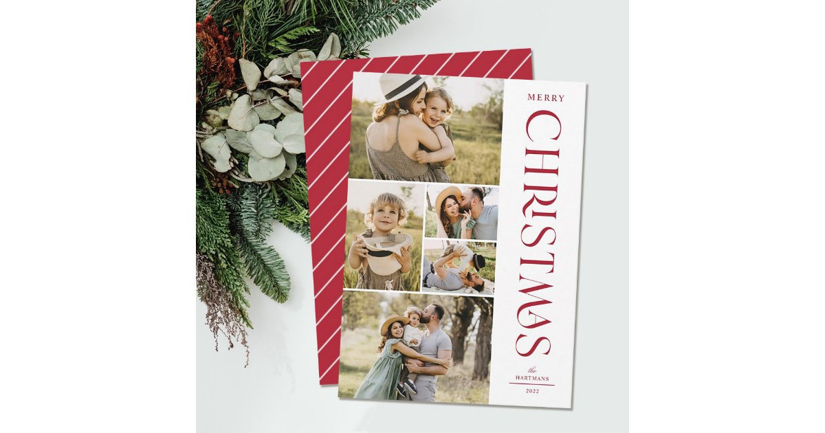 Modern Elegant Red Five Photo Collage Christmas Holiday Card | Zazzle | Zazzle